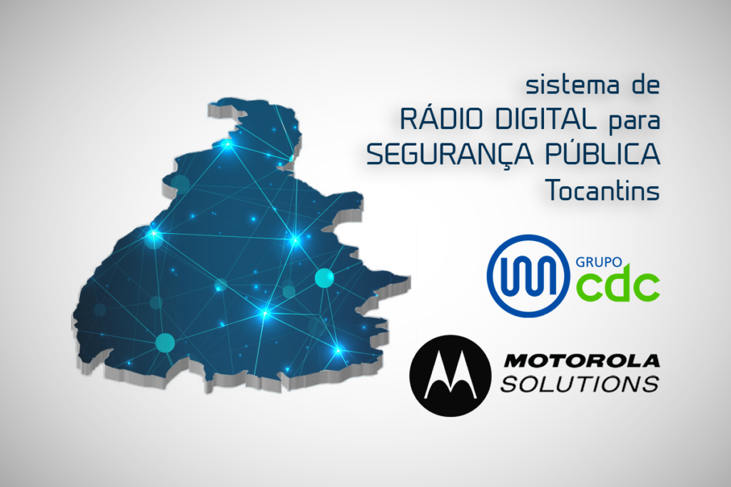 Mapa do Tocantins com uma rede conexões ilustrando um sistema de rádio digital